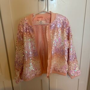 H&M Peach Pink Iridescent Sequin Bomber Jacket